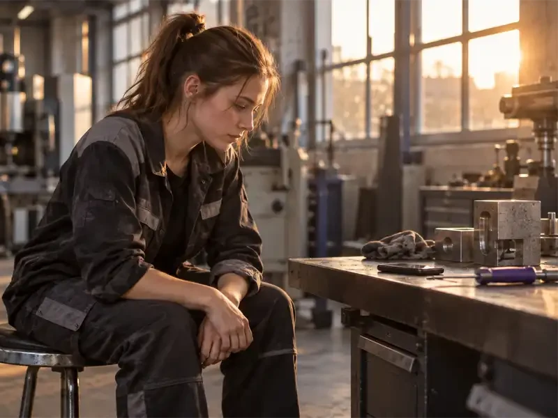 Auszubildende sitzt nachdenklich an der Werkbank in einer Metallwerkstatt und überlegt, ob sie den Ausbildungsbetrieb wechseln soll