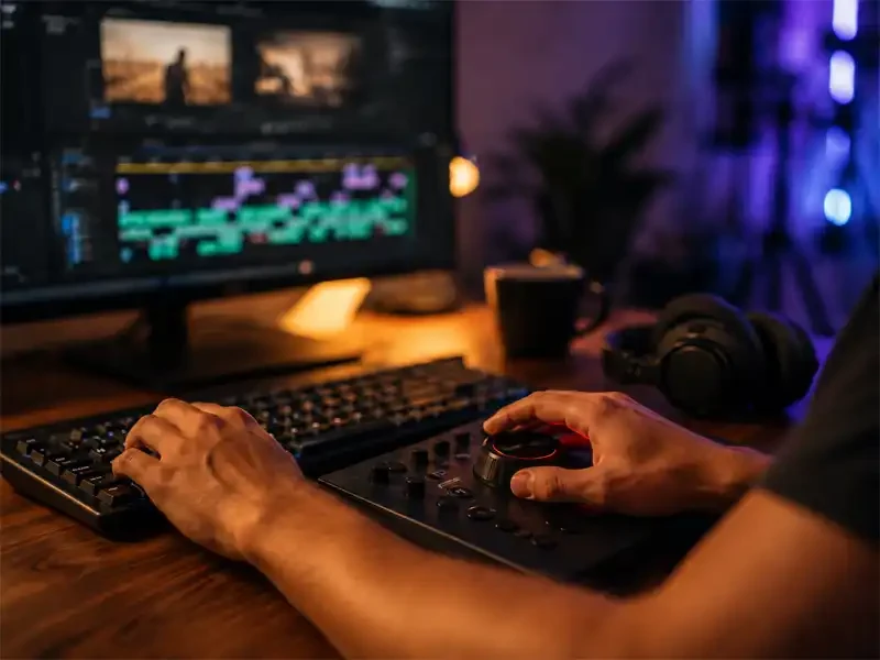 Hände eines angehenden Mediengestalters Bild und Ton bei der Videobearbeitung an Tastatur und Schnitt-Controller vor einem Monitor.