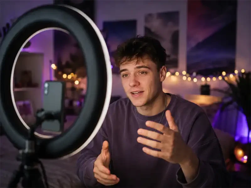 Junger Mann filmt sich abends mit dem Smartphone vor einem Ringlicht in seiner Content-Creator-Ecke mit violetter LED-Beleuchtung.