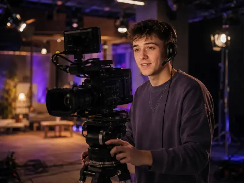 Junger Mediengestalter Bild und Ton steht hinter einer professionellen Kamera in einem Film- und Fernsehstudio bei der Arbeit.