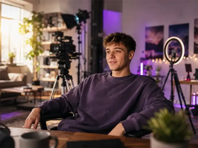 Junger Medienschaffender in einem hellen Kreativstudio, umgeben von professioneller Videotechnik und seiner eigenen Creator-Ecke.